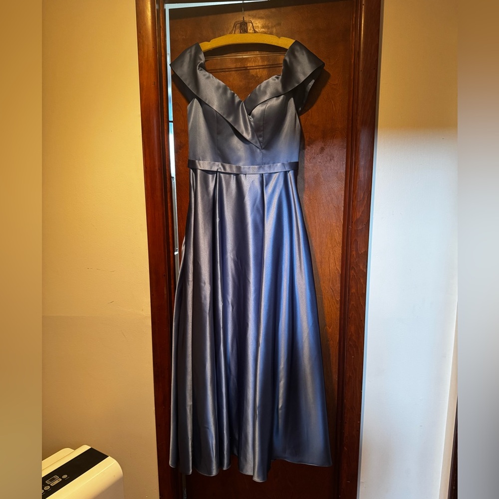 JJs House Blue Pleated Off-the-Shoulder Gown for Weddings